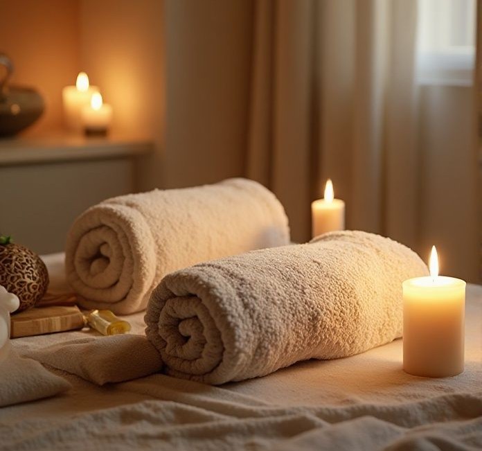 A serene treatment space with soft light, candles and greenery