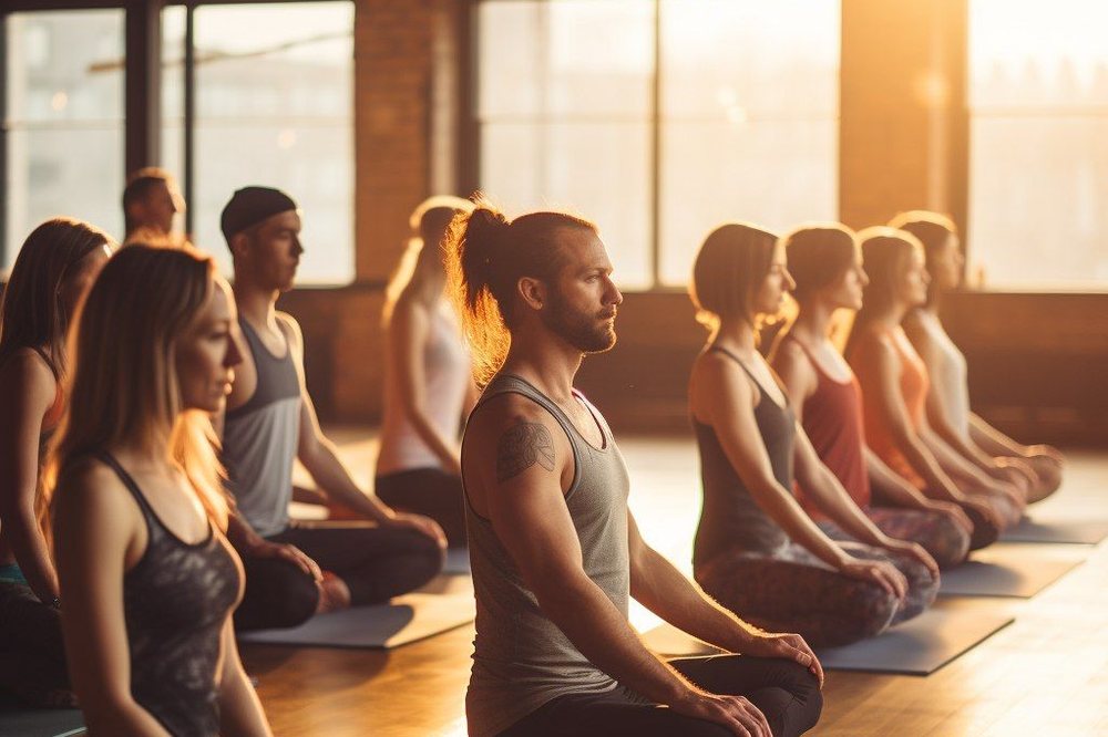 A group breath and meditation session in a light-filled studio